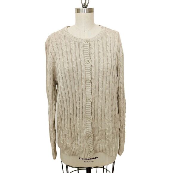 LL Bean Cable Knit Cardigan Sweater Light Tan Beige Womens XL NWOT Cotton Comfy - Picture 1 of 4